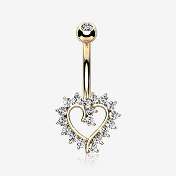 14 Karat Gold Hollow Heart Floret Sparkle Belly Button Ring-Clear Gem